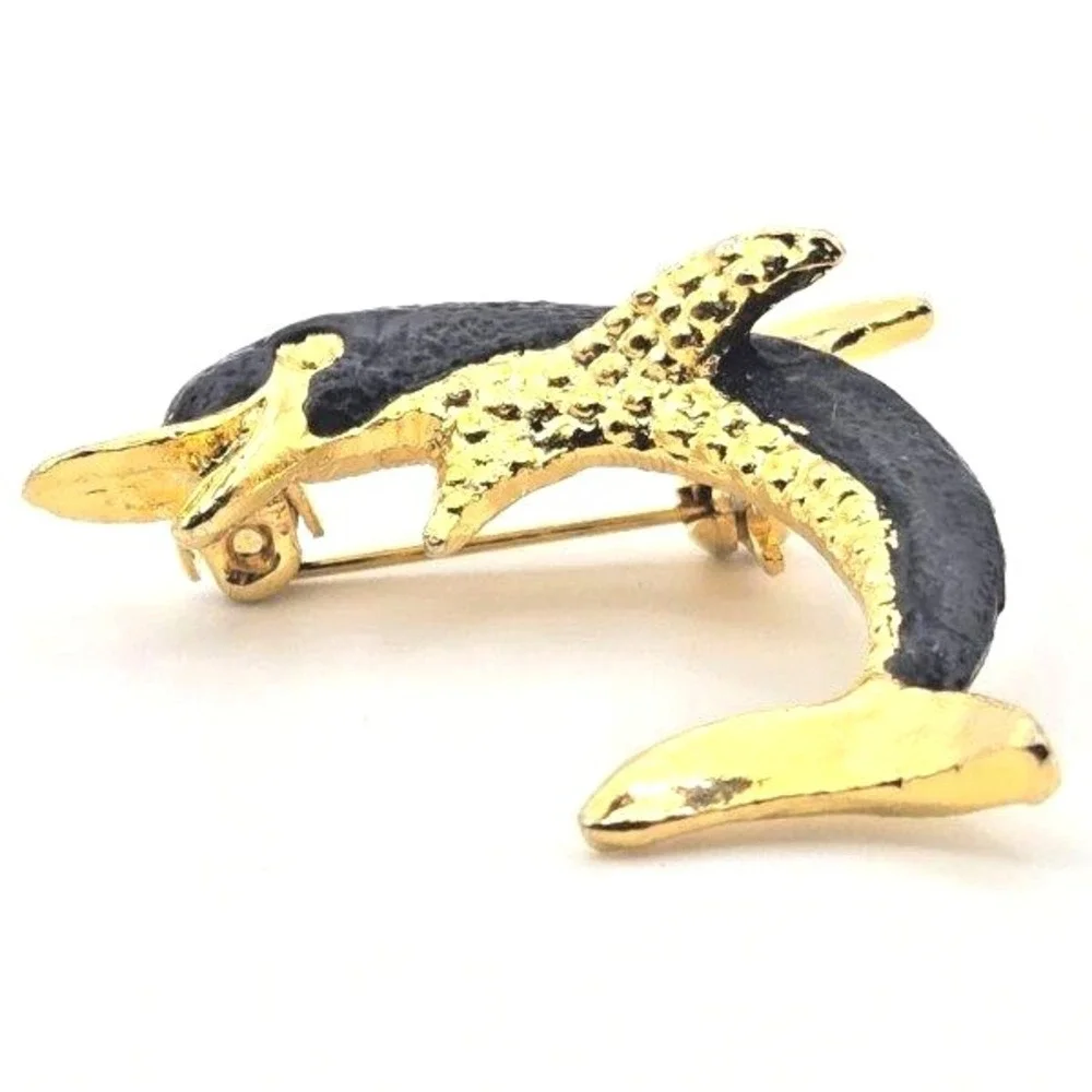 Vintage 1980s Gold Tone‎ Metal and Matte Black Enamel Jumping Dolphin Brooch Pin